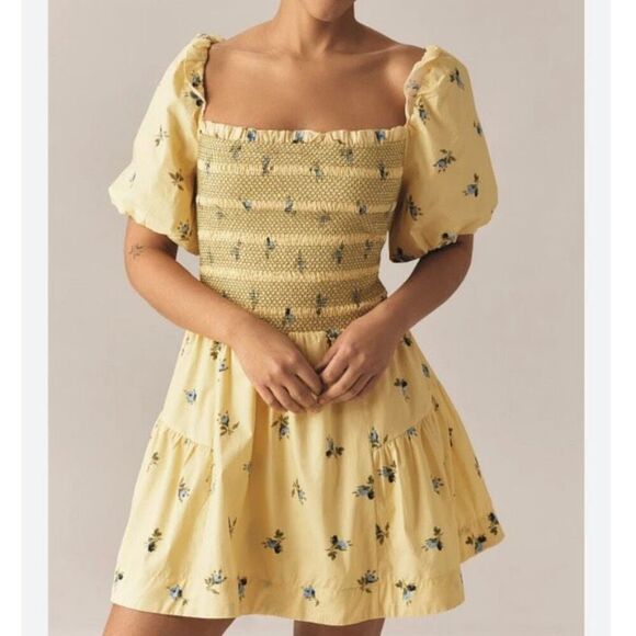 Anthropologie Yellow Floral Puff Sleeve Smocked Mini Dress NWT Size Extra Large